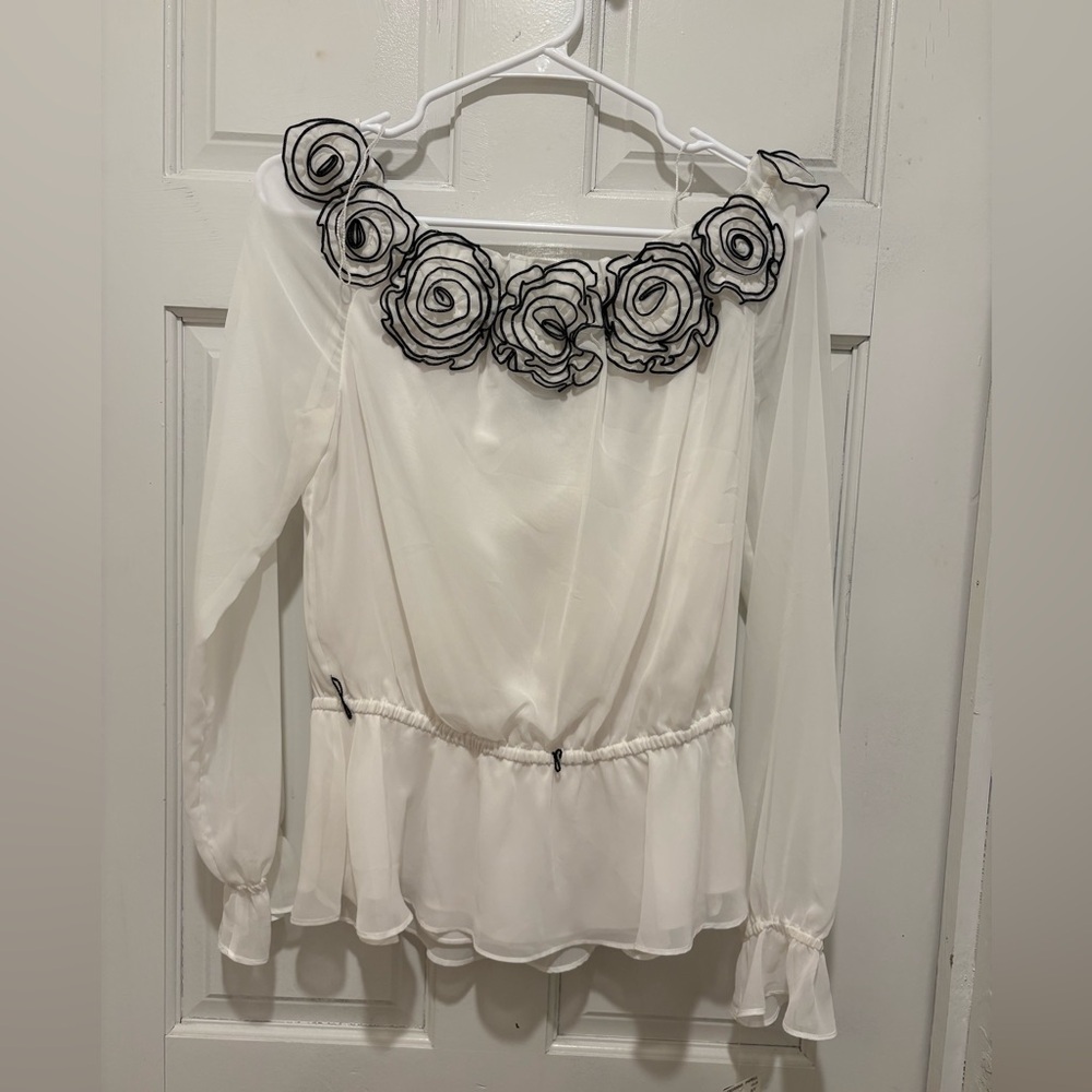 Adrianna Papell White Blouse with Black Floral Accents
